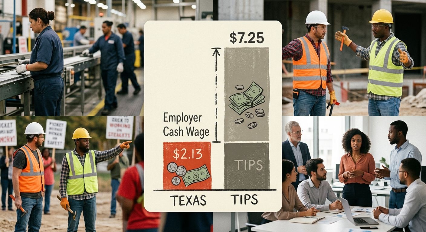 illustration showing the breakdown of tipped worker pay in Texas, with a $2.13 employer cash wage bar on the left and a tips portion filling the remainder up to $7.25, with a visible gap between the t