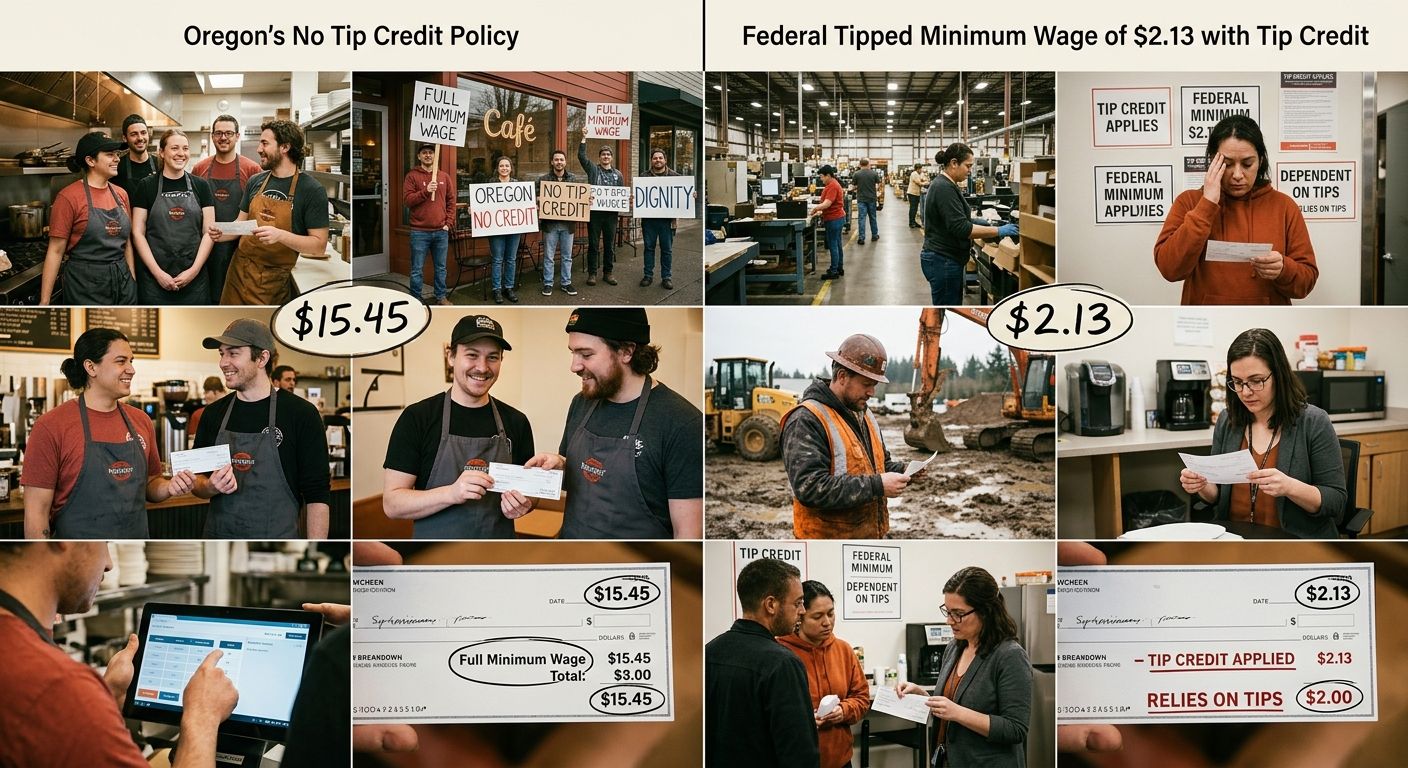 Side-by-side comparison chart showing Oregon's no tip credit policy versus the federal tipped minimum wage of $2.13, with visual contrast between a full minimum wage paycheck and a tip-credit-reduced