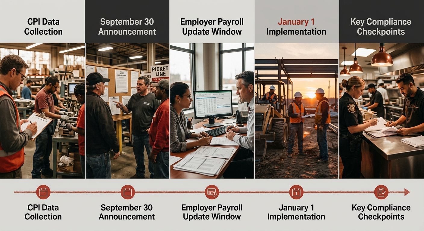 A timeline diagram showing Ohio's annual minimum wage cycle, CPI data collection, September 30 announcement, employer payroll update window, January 1 implementation, with key compliance checkpoints m