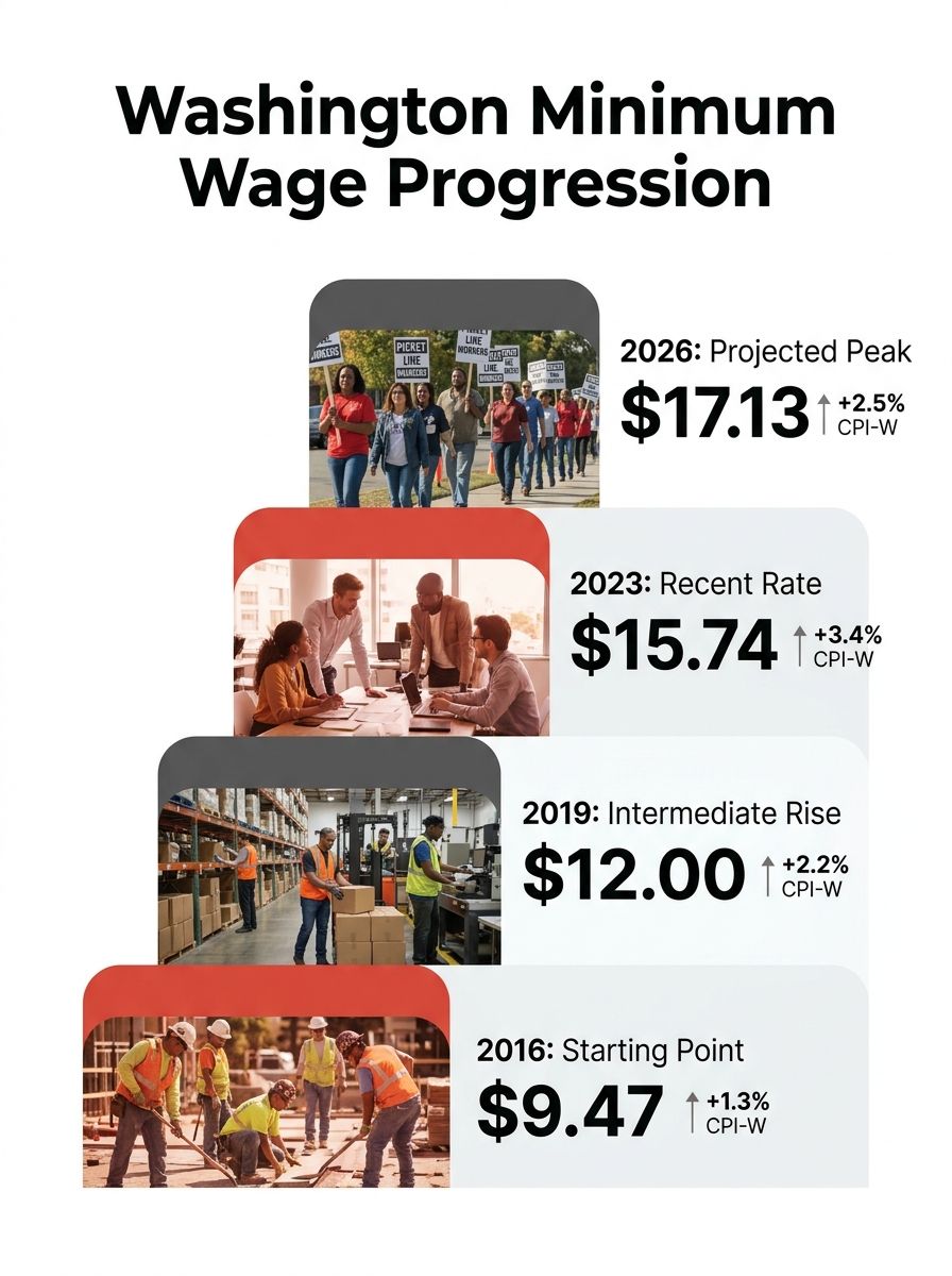 Infographic showing Washington state minimum wage progression from 2016 ($9.47) to 2026 ($17.13), with each year's rate displayed as ascending bar chart steps, the CPI-W percentage change labeled on e