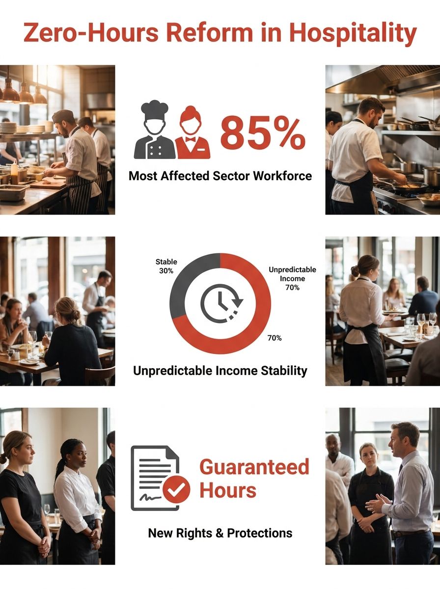 Hospitality workers at a restaurant during service hours, representing the sector most affected by zero-hours contract reforms