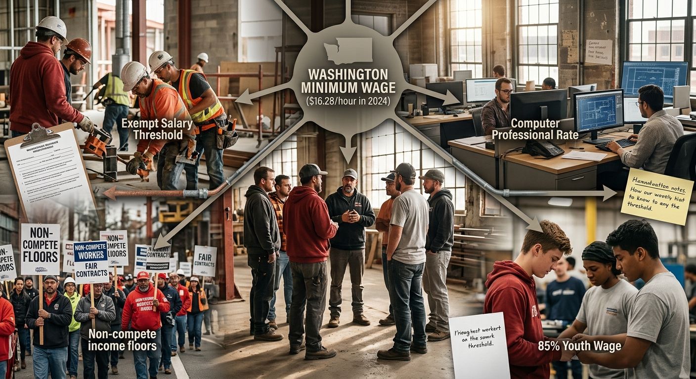 A diagram showing how Washington's minimum wage ($16.28 in 2024) anchors four connected thresholds: the exempt salary threshold, computer professional rate, non-compete income floors, and the 85% yout