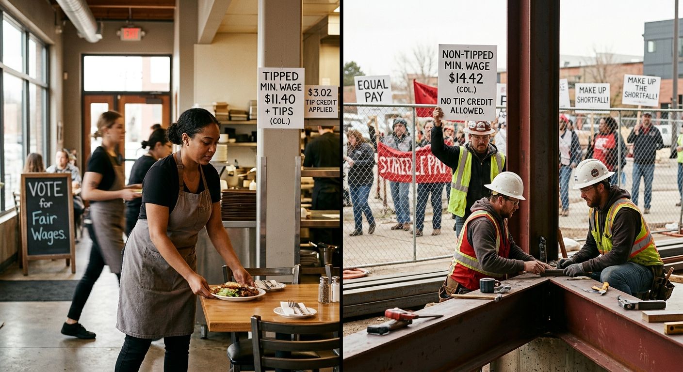 Side-by-side comparison showing tipped vs non-tipped minimum wage rates in Colorado for 2024, with the $3.02 tip credit gap illustrated and employer obligation to make up shortfalls highlighted