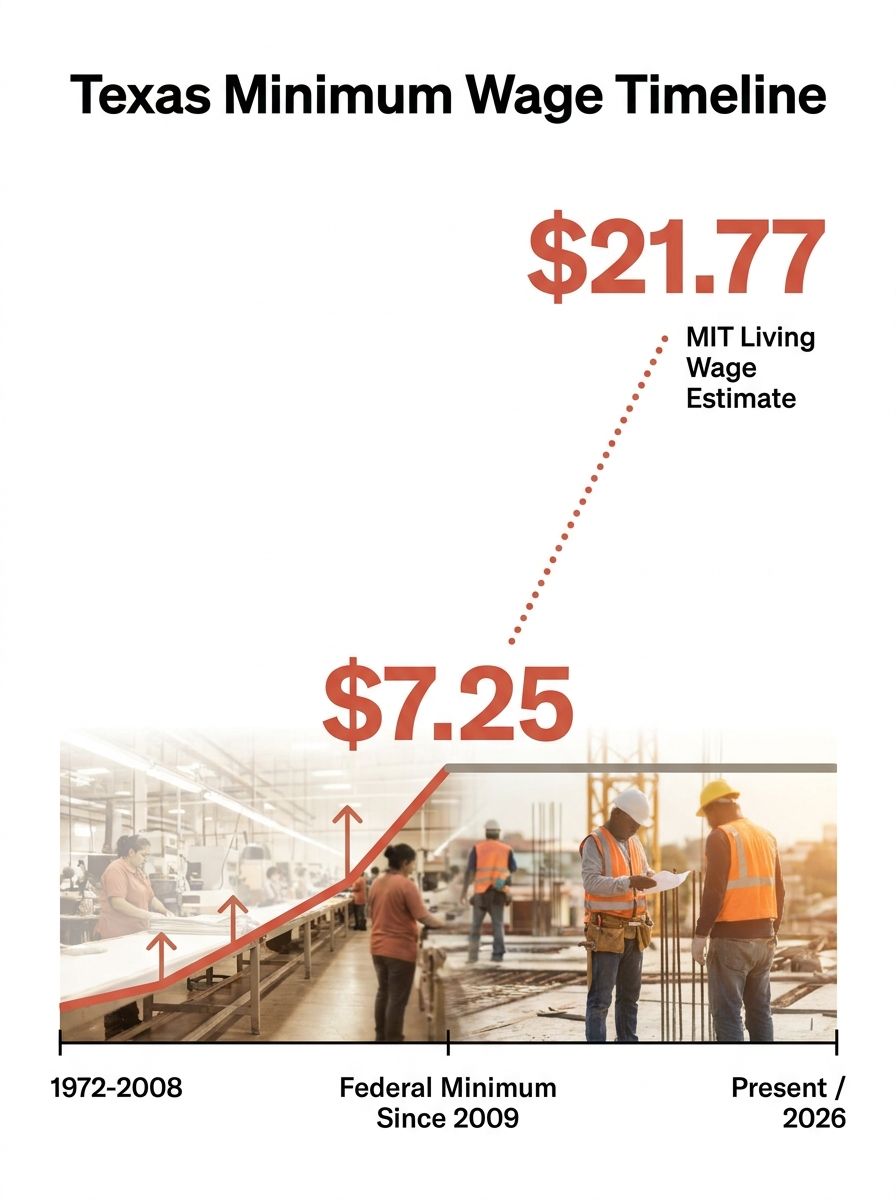 A horizontal timeline infographic showing the Texas minimum wage from 1972 to 2026, with key milestones marked: the various federal increases through 2009, then a flat line at $7.25 from 2009 to prese