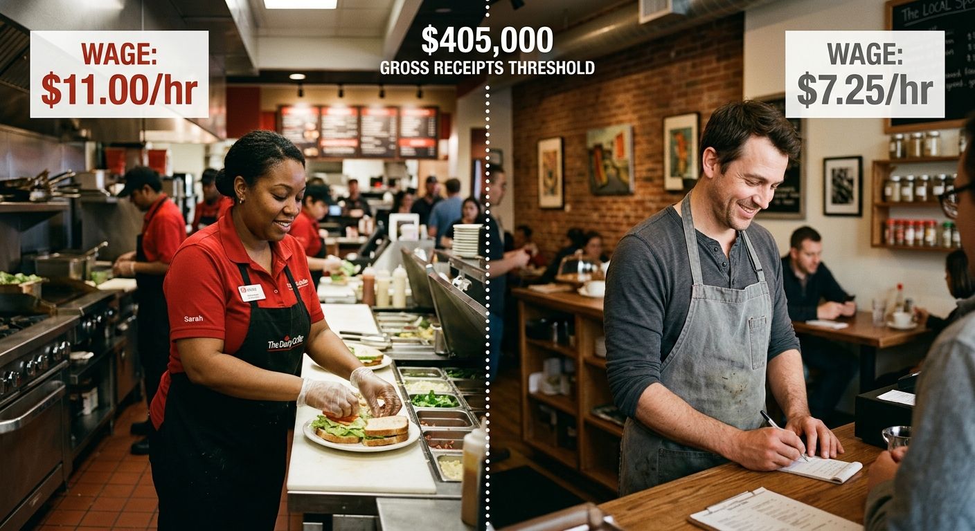 illustration showing two restaurant workers side by side, one at a large-chain restaurant with a $11.00/hr wage tag and one at a small independent restaurant with a $7.25/hr wage tag, with a dotted li
