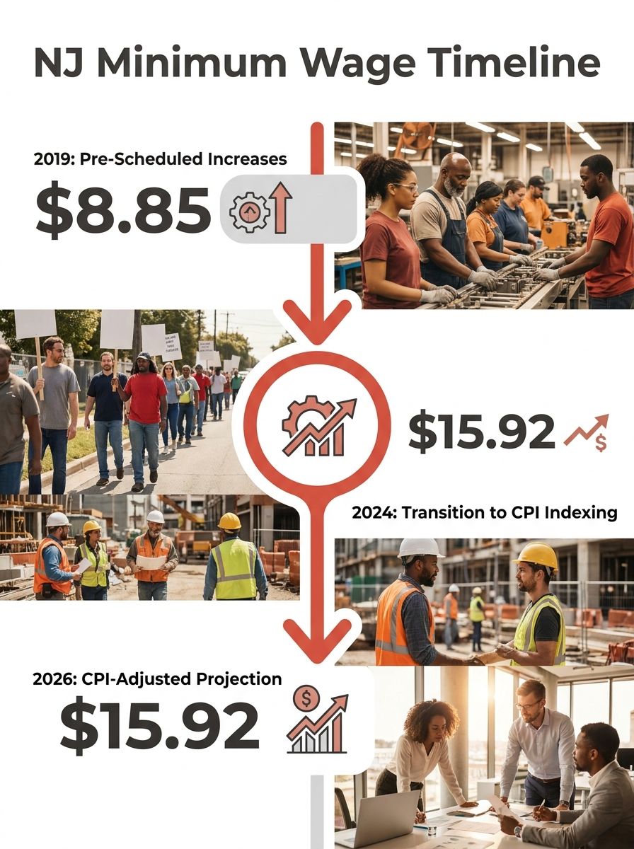 a timeline graphic showing New Jersey minimum wage increases from $8.85 in 2019 to $15.92 in 2026, with a clear visual marker at 2024 where the mechanism switches from fixed $1.00 annual increases to 