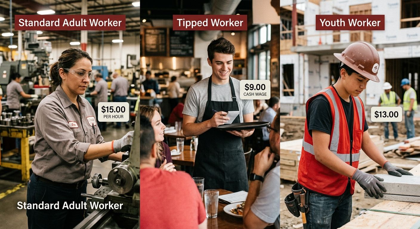 Illustration showing three tiers of Illinois minimum wage workers - standard adult workers at $15.00 per hour, tipped workers at $9.00 cash wage, and youth workers at $13.00, with representative worke