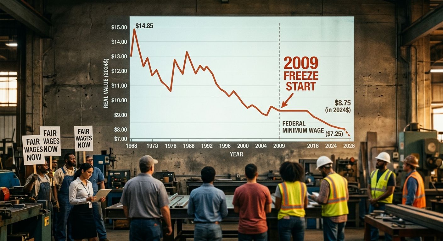 a line graph showing the real (inflation-adjusted) value of the federal minimum wage from 1968 to 2026, illustrating the steady decline in purchasing power with the 2009 freeze point prominently marke