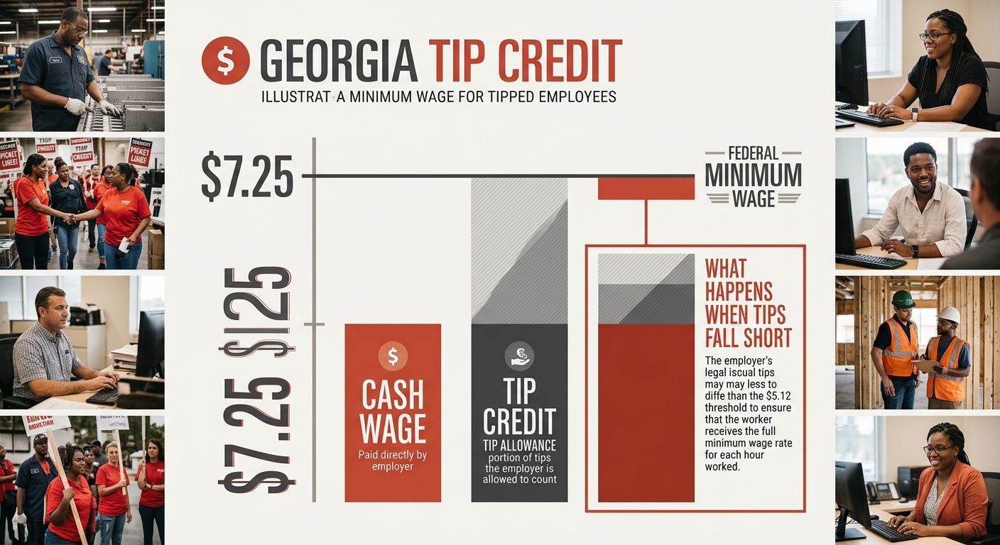 An infographic showing the tip credit mechanism in Georgia, a bar chart breaking down the $2.13 cash wage, the $5.12 tip credit, and how tips must fill the gap to reach the $7.25 federal minimum, with
