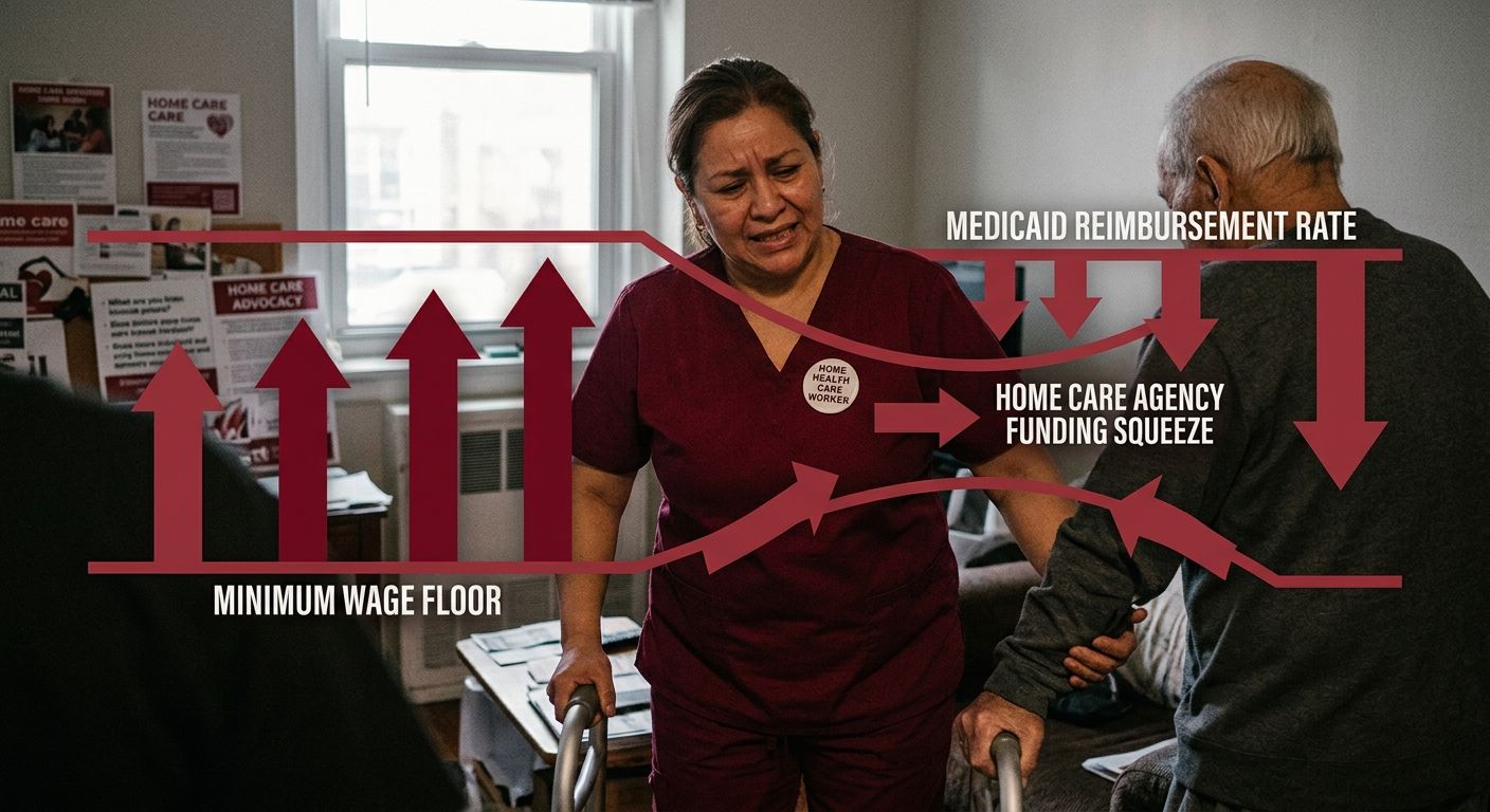 Illustration showing the relationship between minimum wage increases and Medicaid reimbursement lag, depicting a home health aide with arrows showing the squeeze effect when agency funding fails to ke