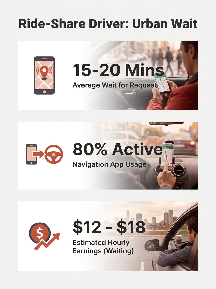 Ride-share driver using phone navigation while waiting for passenger requests in urban setting