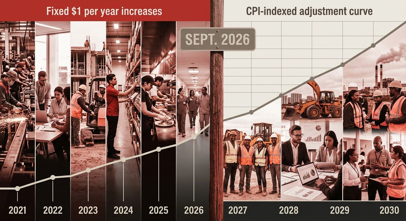 A timeline illustration showing two distinct phases of Florida's minimum wage mechanism, with the left side showing fixed $1 per year increases from 2021 to 2026, and the right side showing a CPI-inde