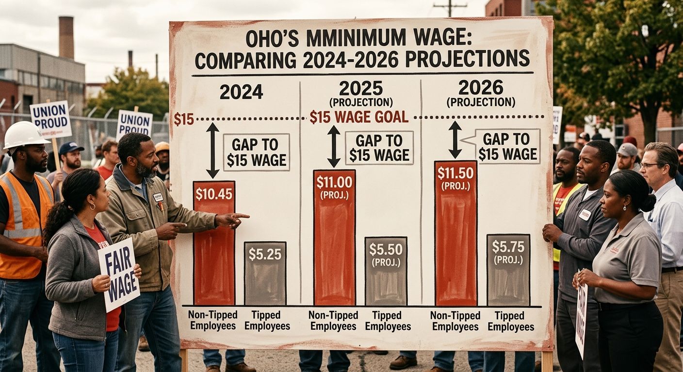 bar chart comparing Ohio's minimum wage rate from 2024 to 2026, with bars for non-tipped employees and tipped employees side by side for each year, showing the gradual increase and a dotted line at $1