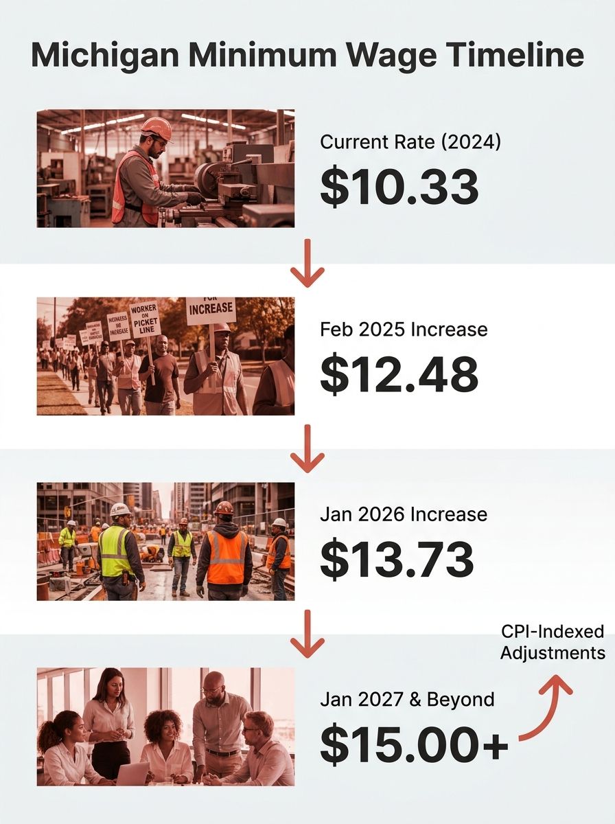 Timeline infographic showing Michigan minimum wage rates from 2024 ($10.33) through February 2025 ($12.48) to January 2026 ($13.73) and January 2027 ($15.00), with an arrow indicating CPI-indexed adju