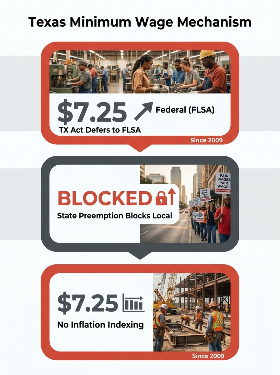 Infographic showing three interlocking layers of the Texas minimum wage mechanism, the Texas Minimum Wage Act deferring to FLSA, state preemption blocking local increases, and the absence of inflation