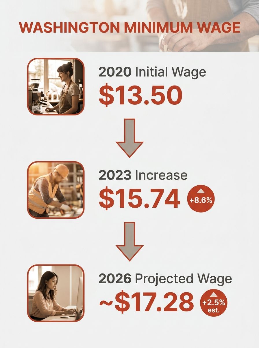 Infographic showing Washington state minimum wage progression from 2020 to 2026, with specific dollar amounts for each year and percentage increases between years