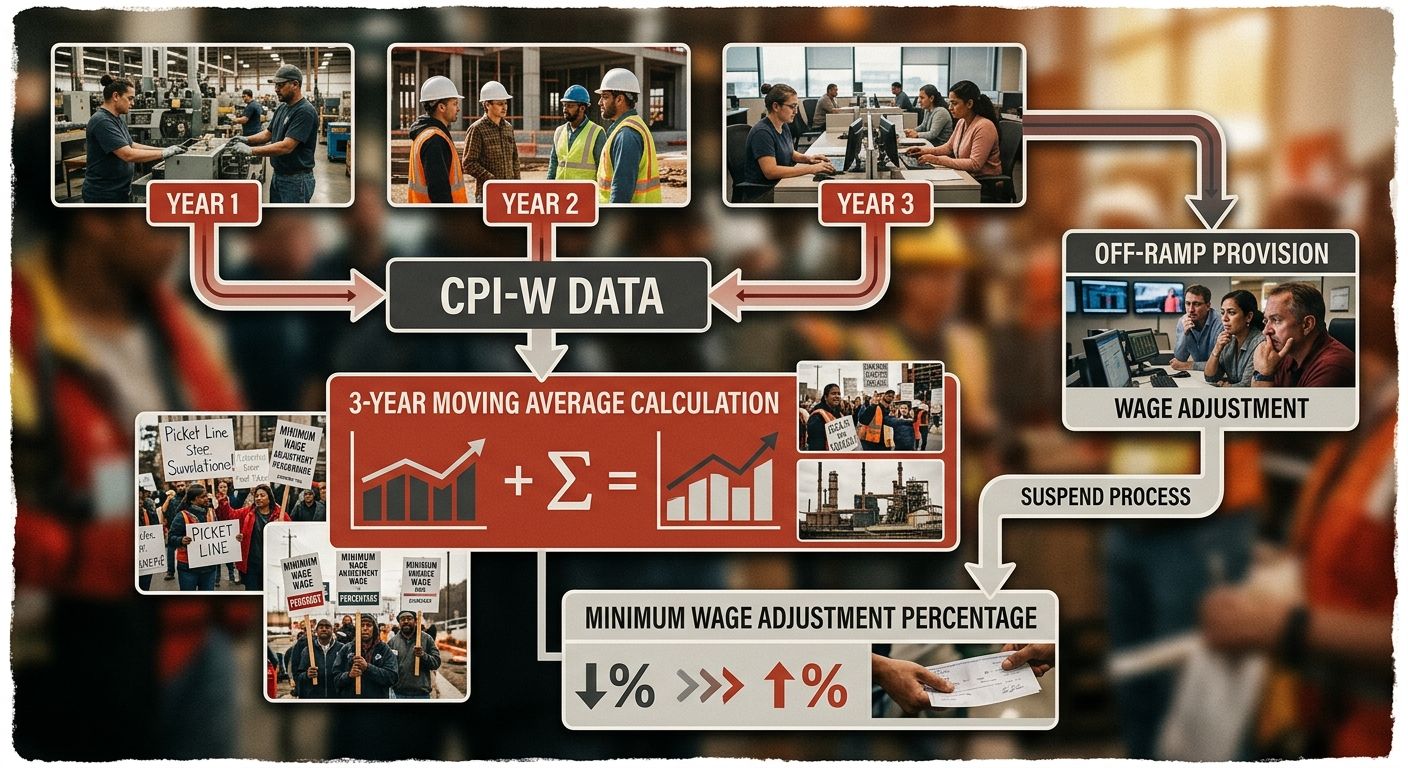 A diagram showing the CPI indexing mechanism, a flowchart where CPI-W data from three consecutive years feeds into a "3-Year Moving Average" calculation box, which outputs the minimum wage adjustment 