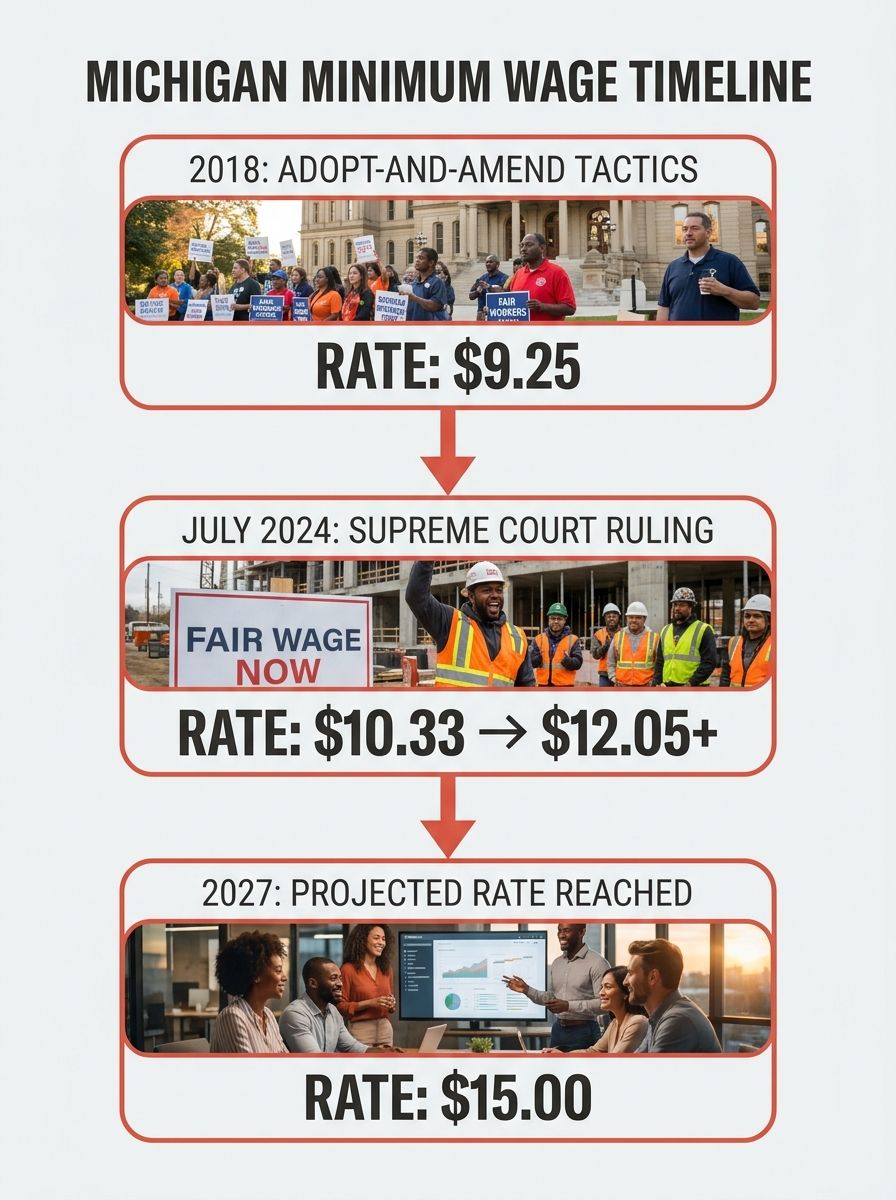 Infographic showing a timeline of Michigan minimum wage rates from 2018 to 2027, with key legal events marked, the 2018 adopt-and-amend, the July 2024 Supreme Court ruling, and the subsequent rate jum