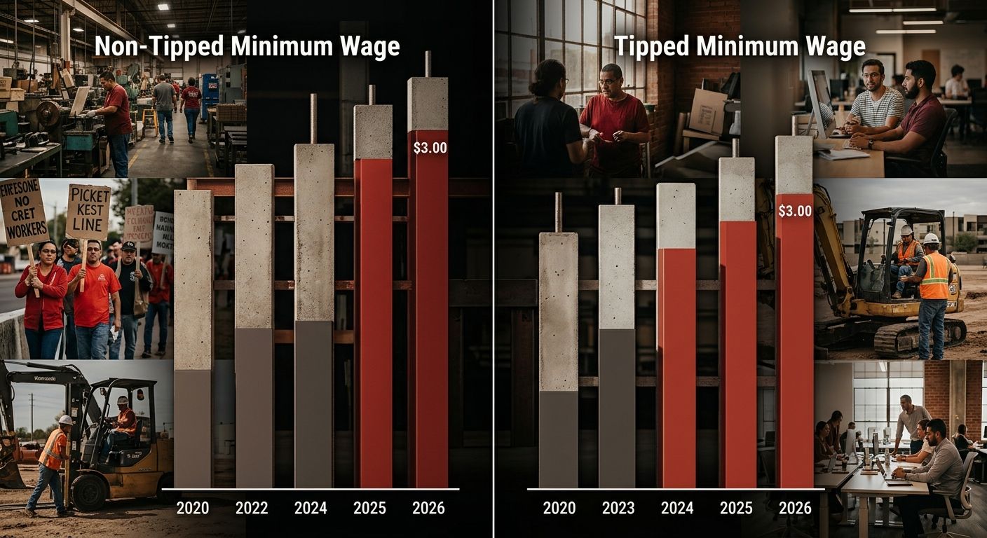Side-by-side comparison diagram showing tipped vs non-tipped minimum wage in Arizona from 2020 to 2026, with the $3.00 tip credit shown as a fixed gap that proportionally shrinks
