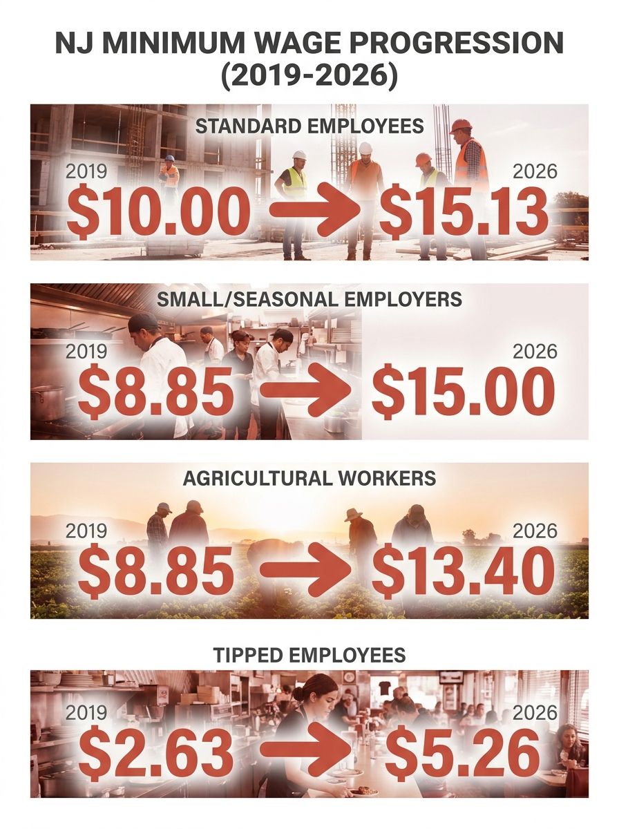 infographic showing New Jersey minimum wage progression from 2019 to 2026, with four separate tracks for standard employees, small/seasonal employers, agricultural workers, and tipped employees, displ