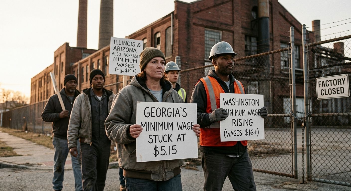 A timeline chart from 1999 to 2026 showing Georgia's flat minimum wage line at $5.15 compared to rising minimum wages in states like Washington, Illinois, and Arizona, illustrating the growing gap ove