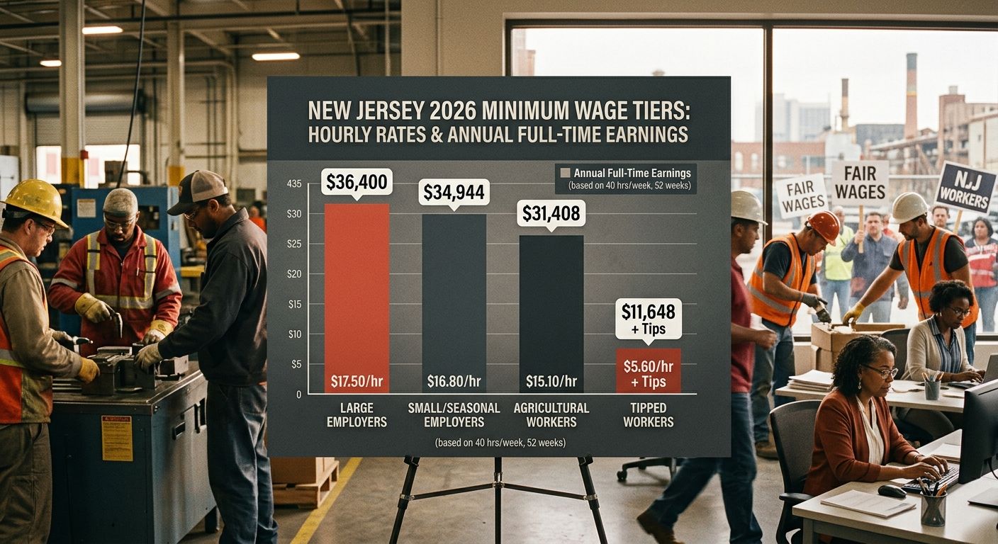 A bar chart comparing the four New Jersey minimum wage tiers for 2026, with bars showing hourly rates and overlaid annotations showing annual full-time earnings for each category