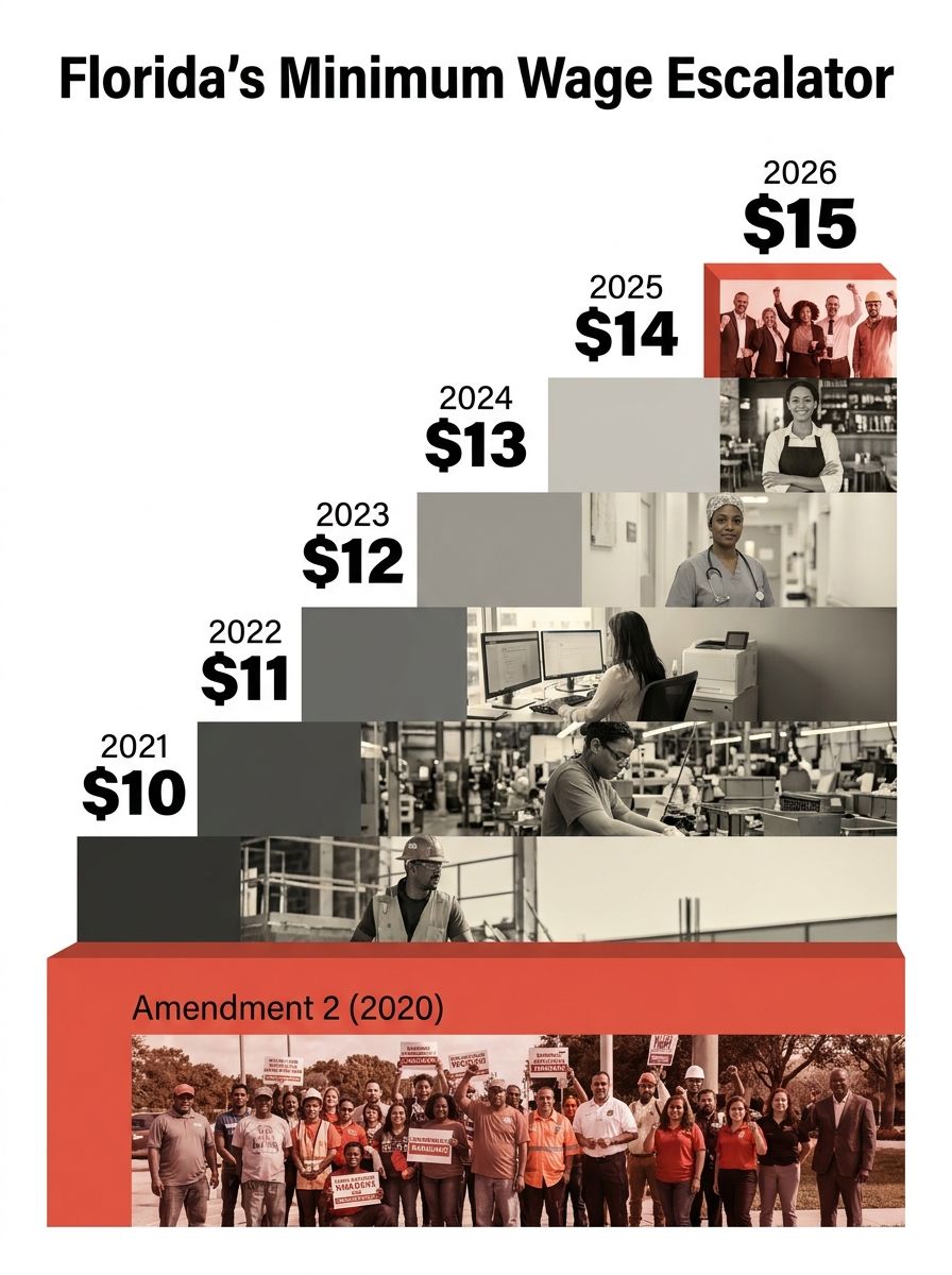 infographic showing Florida's minimum wage escalator from 2021 to 2026, with each year labeled ($10 in 2021, $11 in 2022, $12 in 2023, $13 in 2024, $14 in 2025, $15 in 2026) as ascending steps, with A