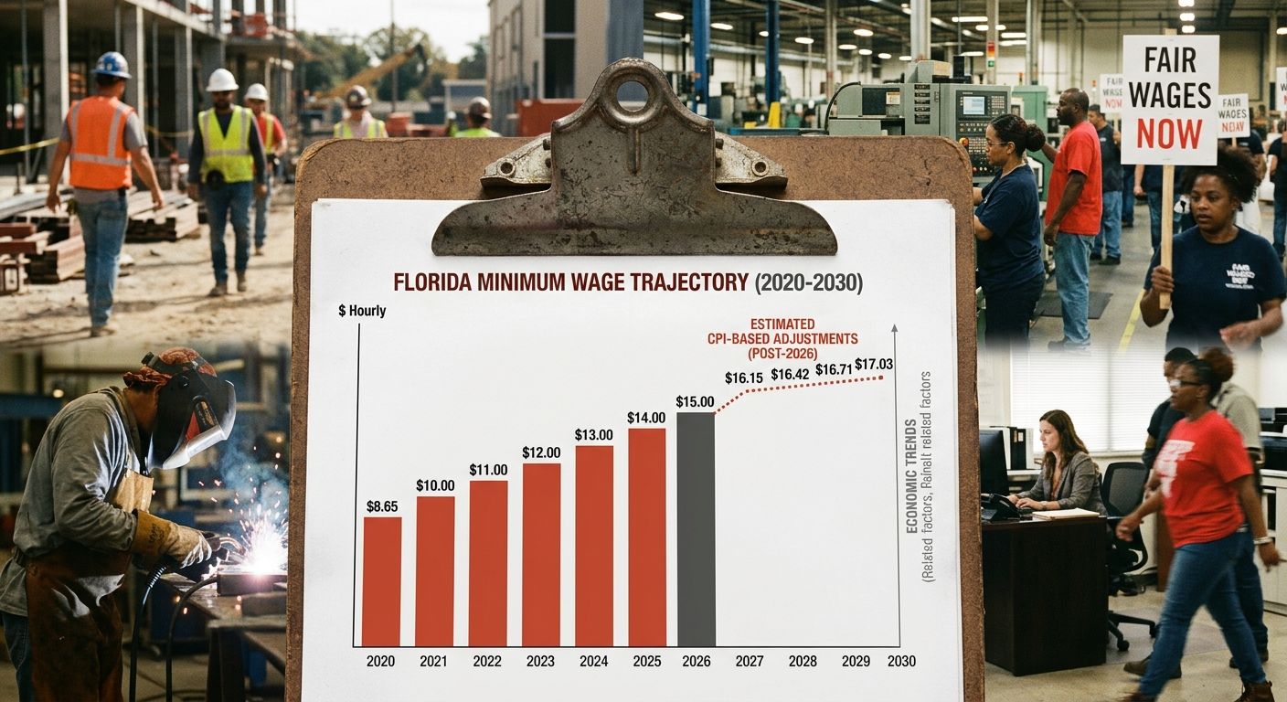 A dual-axis chart showing Florida's minimum wage trajectory from 2020 to 2030, with solid bars for the fixed $1 annual increases through 2026 and a projected dotted line showing estimated CPI-based ad