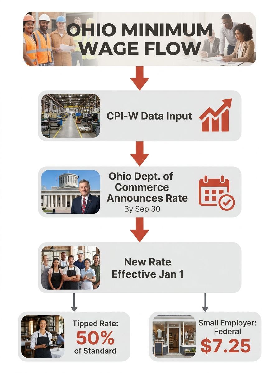 infographic showing Ohio's minimum wage mechanism as a flowchart, CPI-W data flows into Ohio Department of Commerce, which announces new rate by September 30, rate takes effect January 1, with branche
