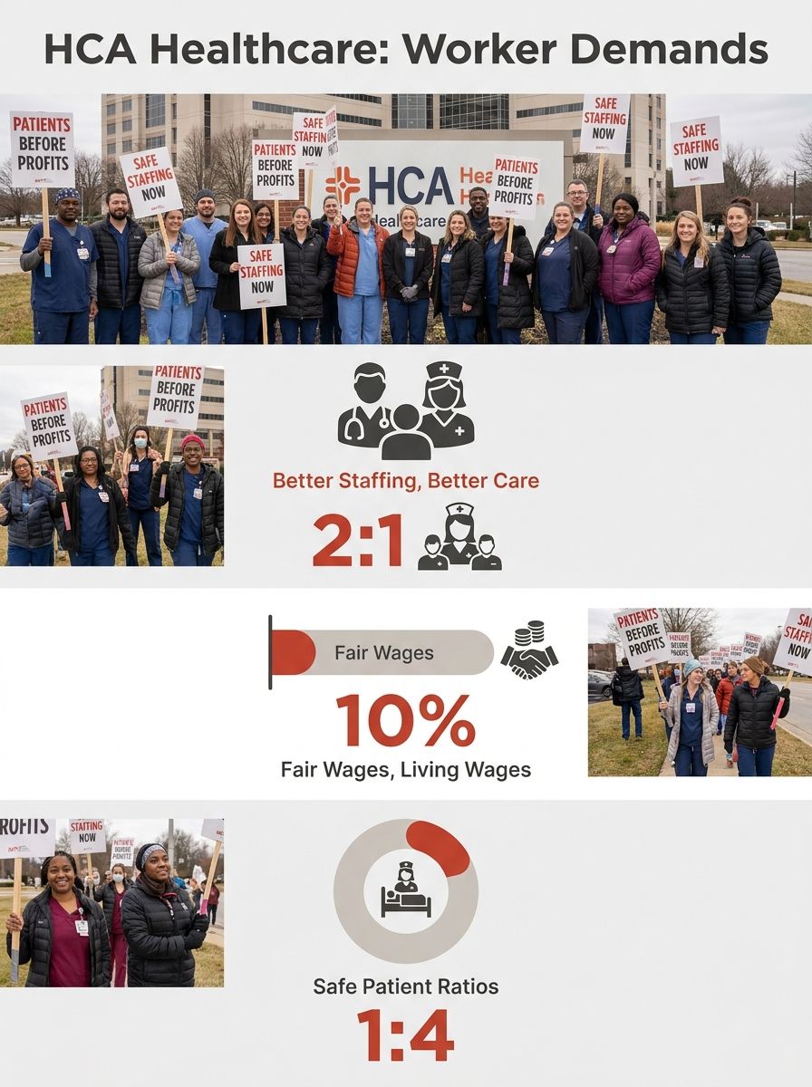 Healthcare workers holding picket signs outside HCA hospital demanding higher wages and better staffing