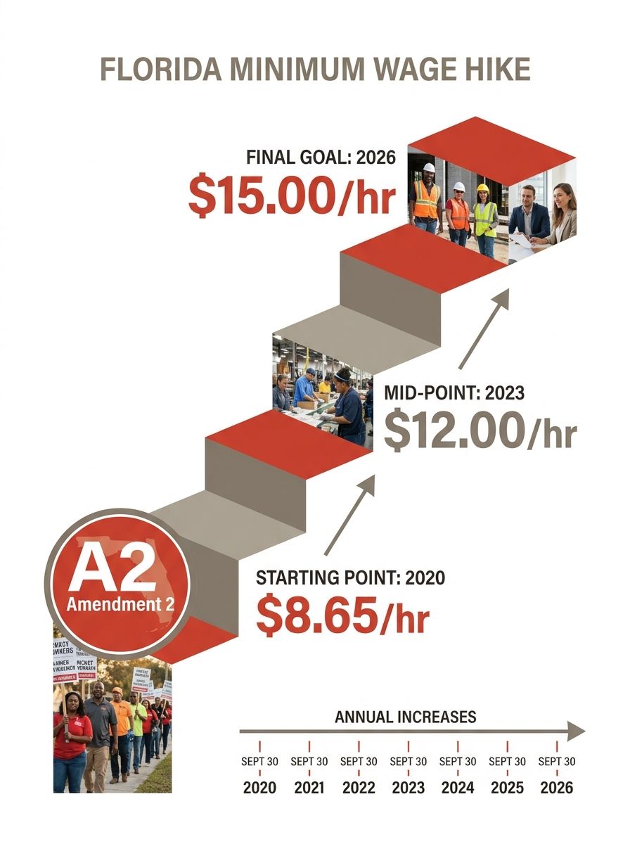 An infographic showing the step-by-step annual increases in Florida's minimum wage from $8.65 in 2020 to $15.00 in 2026, with each September 30 effective date marked on a rising staircase graphic and 