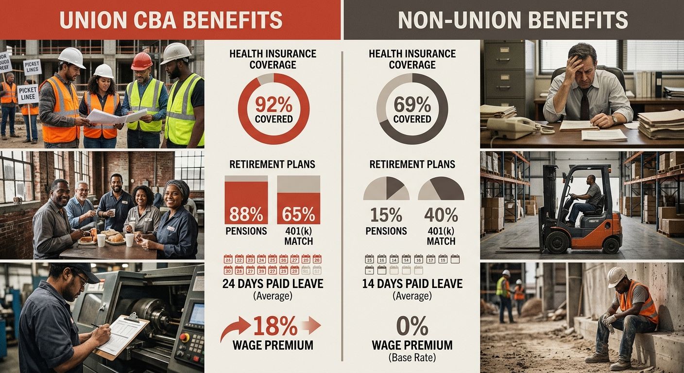 A comparison infographic showing two columns - Union CBA Benefits vs Non-Union Benefits - comparing health insurance coverage rates, retirement plan types, paid leave days, and average wage premiums w
