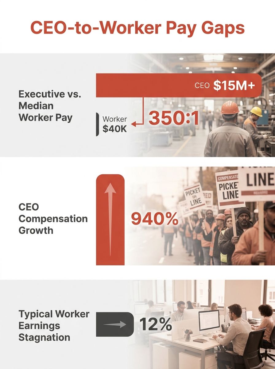 Data visualization showing CEO-to-worker pay ratios at major low-wage corporations, with bar charts comparing executive compensation to median employee earnings