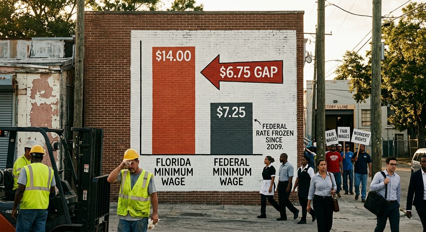 A bar chart comparing Florida's $14.00 minimum wage against the $7.25 federal minimum wage, with a visual annotation showing the $6.75 gap and a note that the federal rate has been frozen since 2009