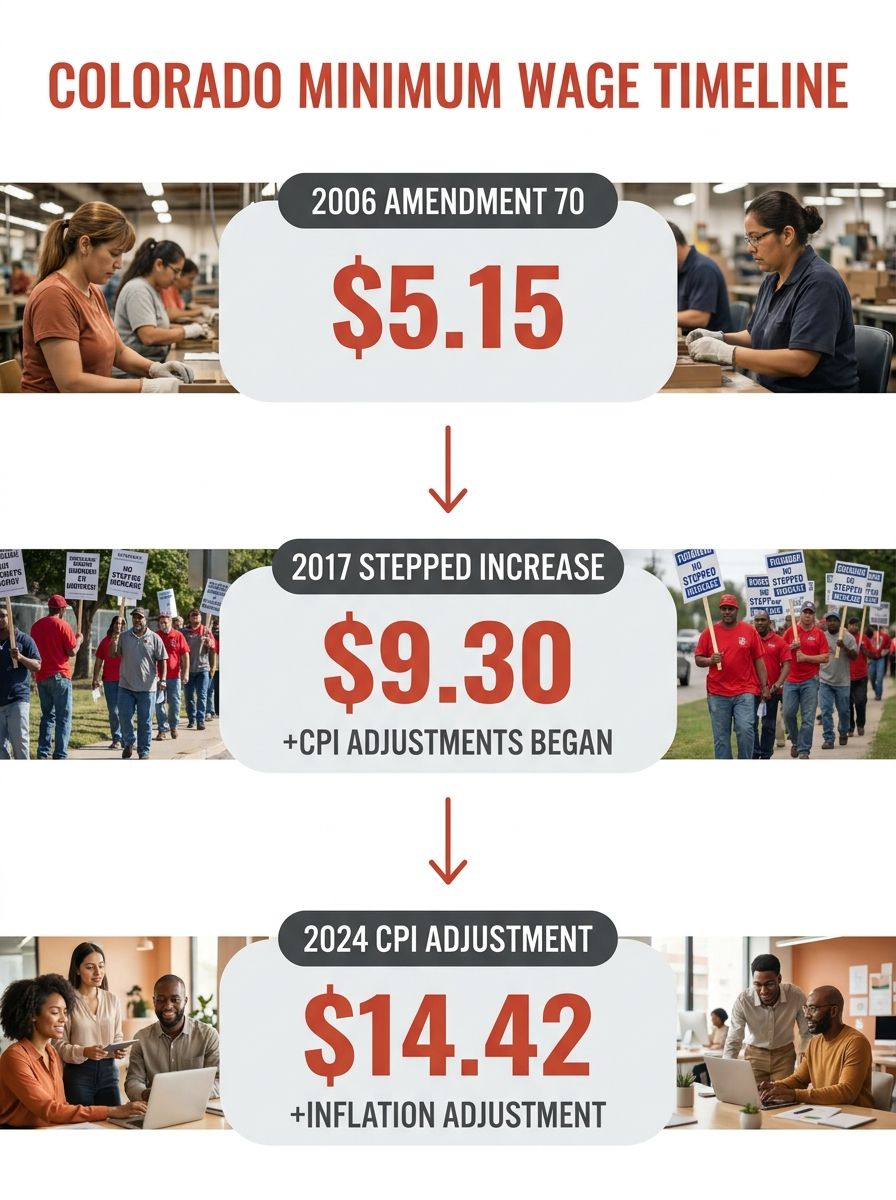 Timeline infographic showing Colorado minimum wage increases from 2006 Amendment 70 at $5.15 through key milestones to $14.42 in 2024, with CPI percentage adjustments noted at each step