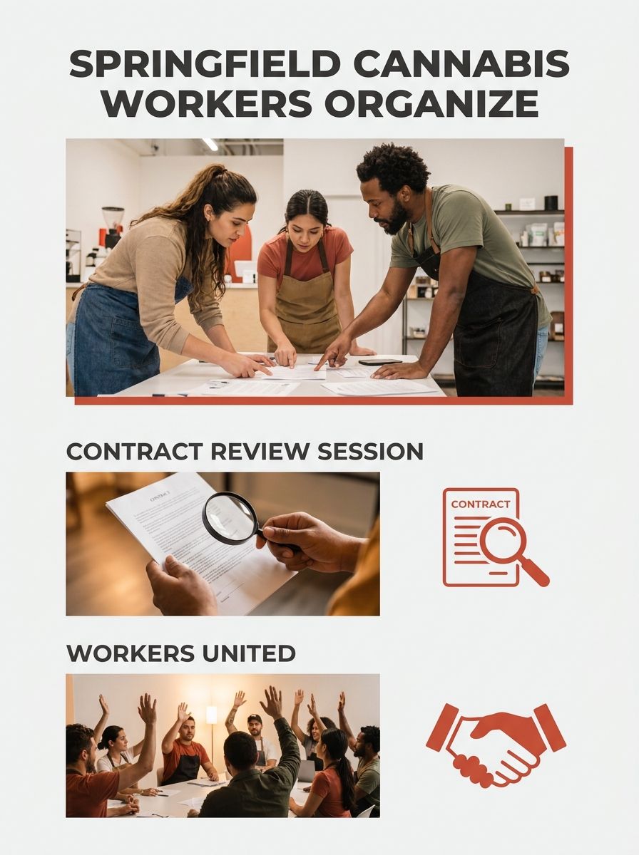 Cannabis dispensary workers reviewing union contract documents at a Springfield, Missouri workplace