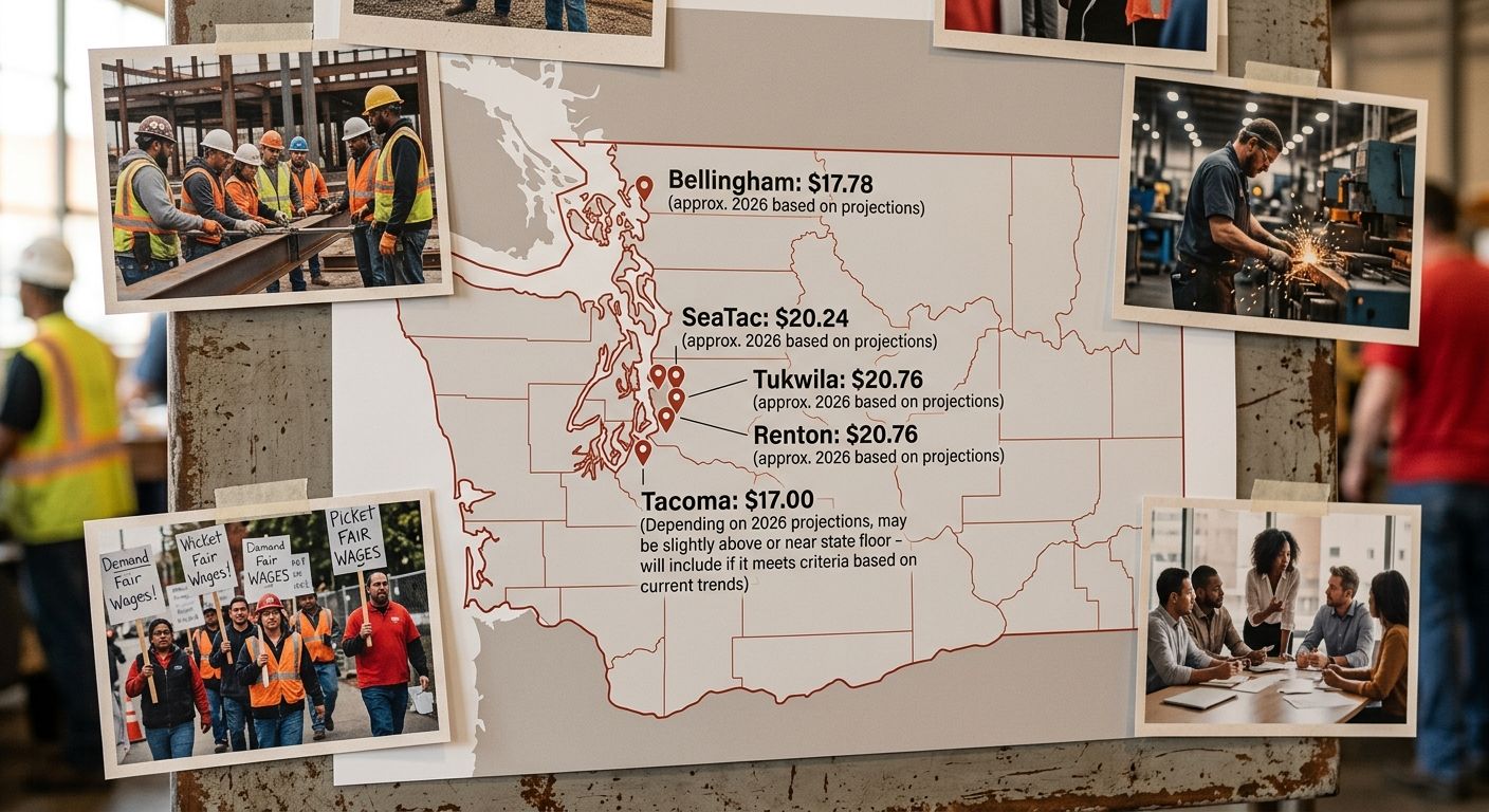 Map of Washington state highlighting the six cities with local minimum wage ordinances above the state floor, with each city's 2026 rate labeled