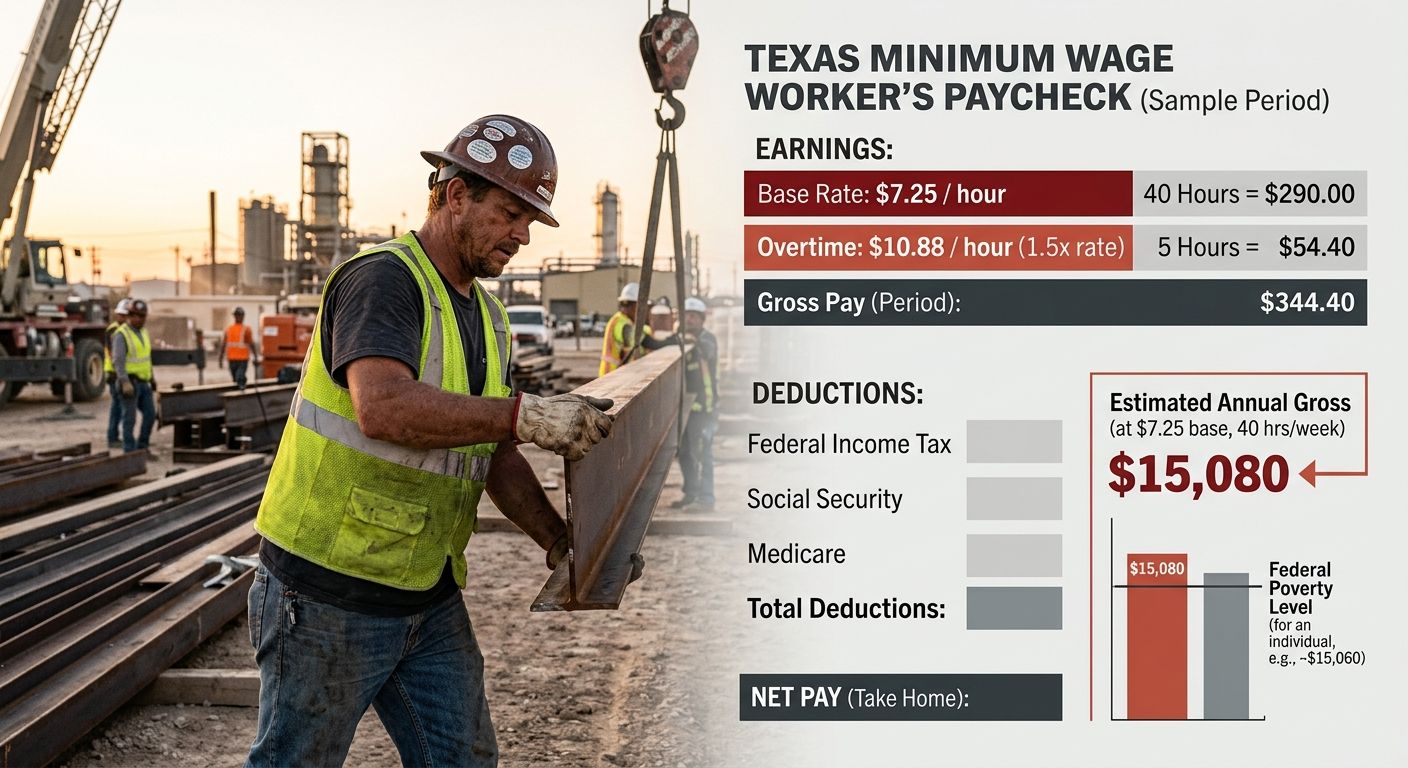 Illustrated breakdown of a Texas minimum wage worker's paycheck showing $7.25 base rate, overtime calculation at $10.88, and deductions, with annual gross of $15,080 highlighted against the federal po