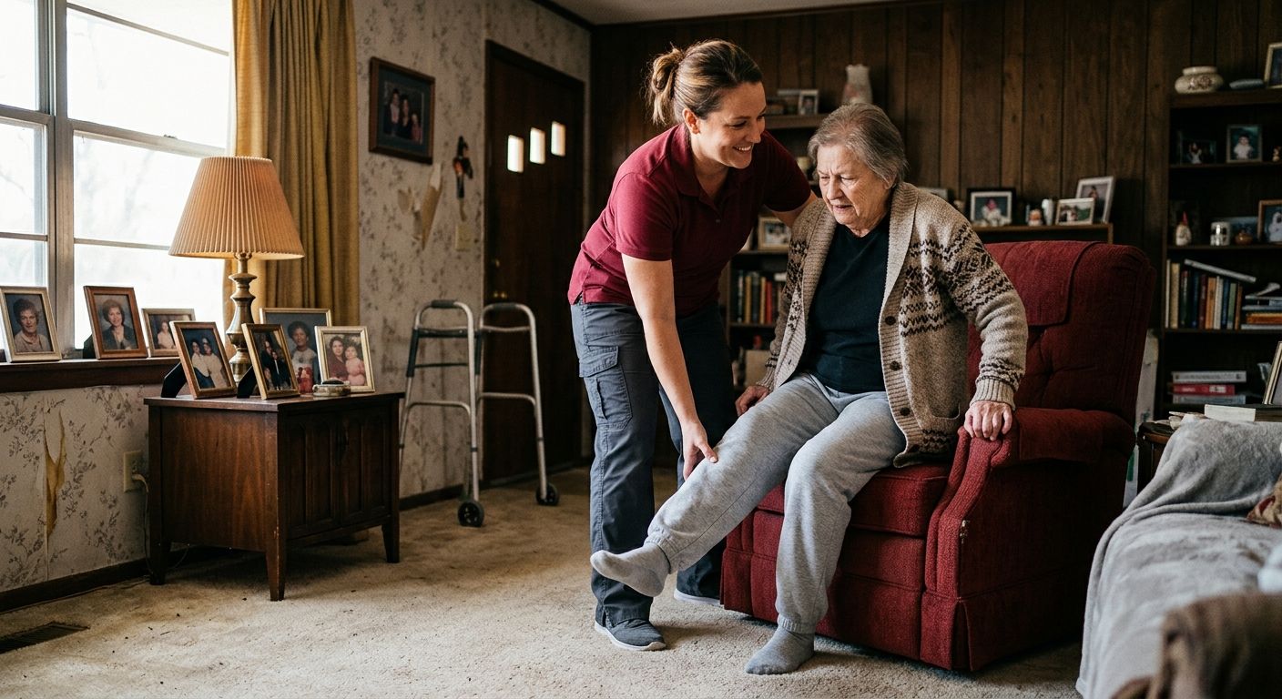 photograph-style illustration of a home health aide helping an elderly patient with mobility exercises in a modest Texas home, showing the physical and personal nature of the caregiving work