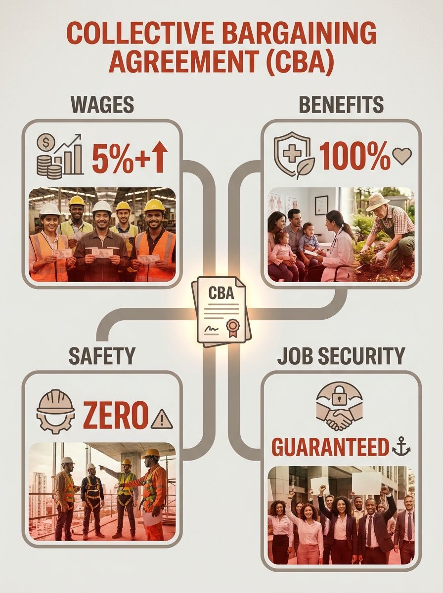 An illustrated diagram showing a CBA document at the center with four branches extending outward labeled Wages, Benefits, Safety, and Job Security, each with icons representing their key components