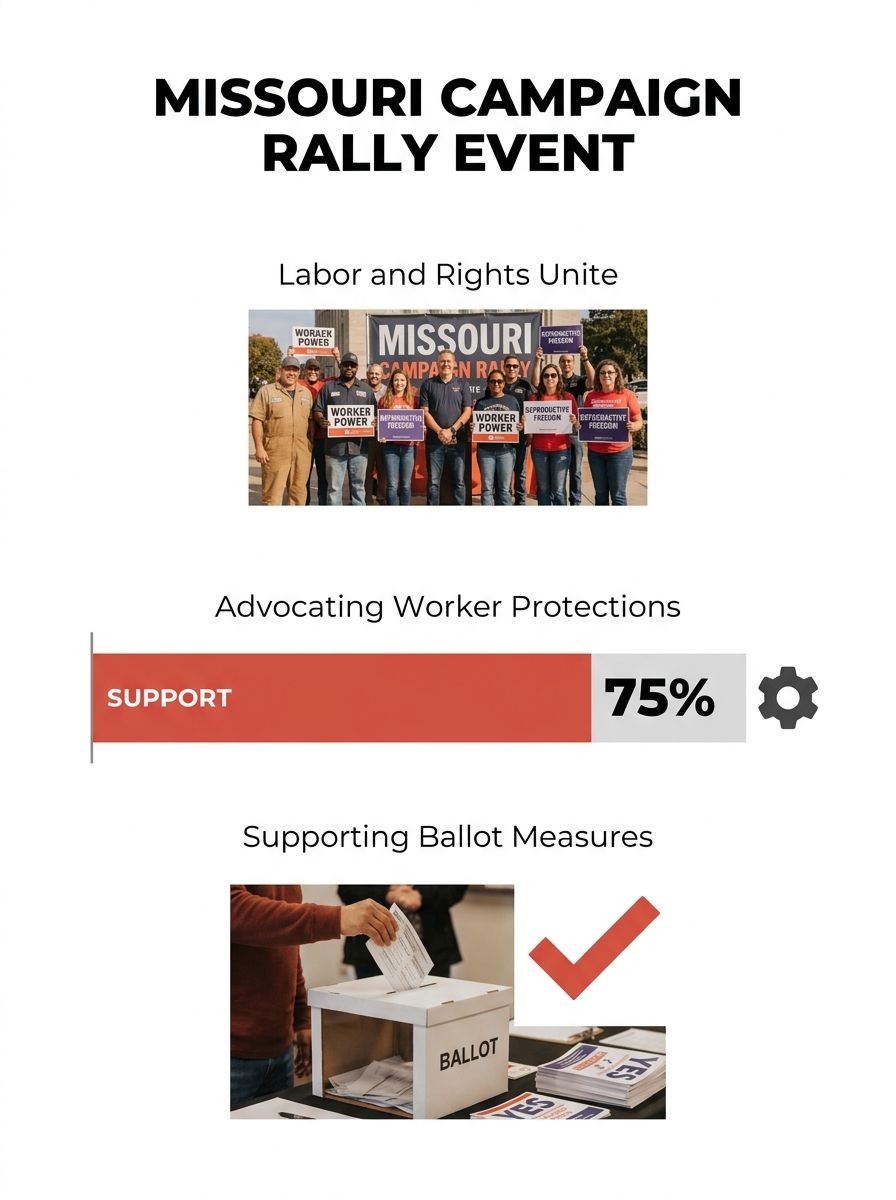 Labor union members and reproductive rights activists rally together at a Missouri campaign event, holding signs supporting worker protections and ballot measures