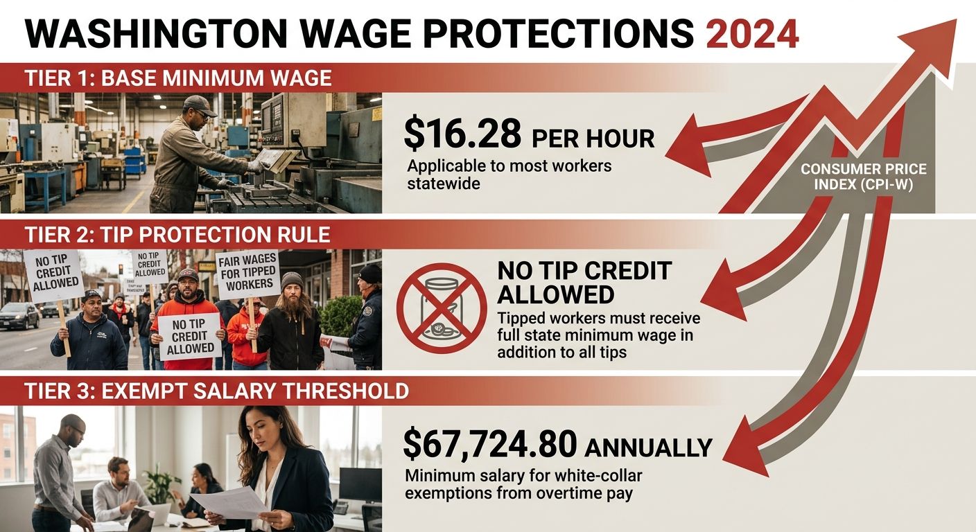 An infographic showing three tiers of Washington's wage protections in 2024: the base minimum wage at $16.28 per hour, the tip protection rule showing no tip credit allowed, and the exempt salary thre