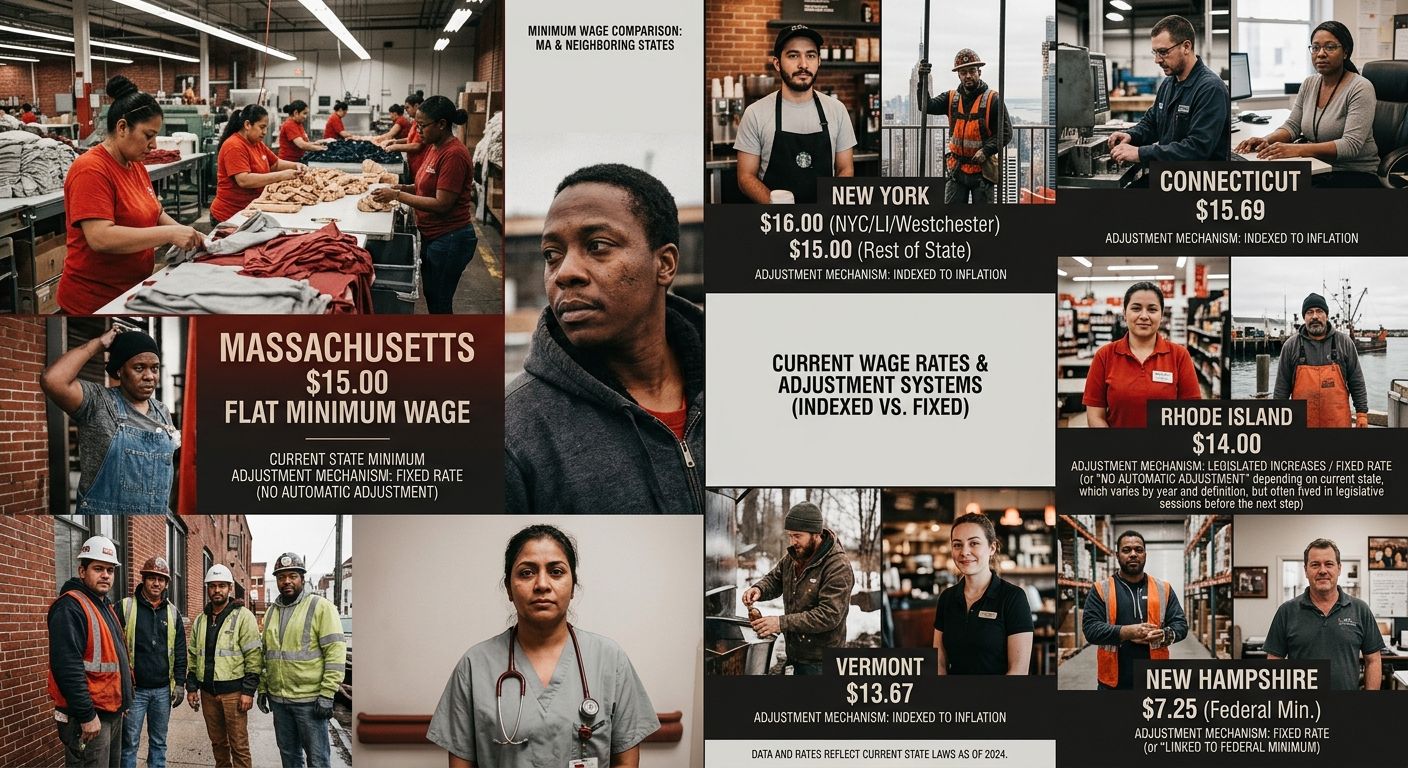 comparison chart showing Massachusetts' $15.00 flat minimum wage alongside neighboring states' current minimum wages and their adjustment mechanisms (indexed vs. fixed)
