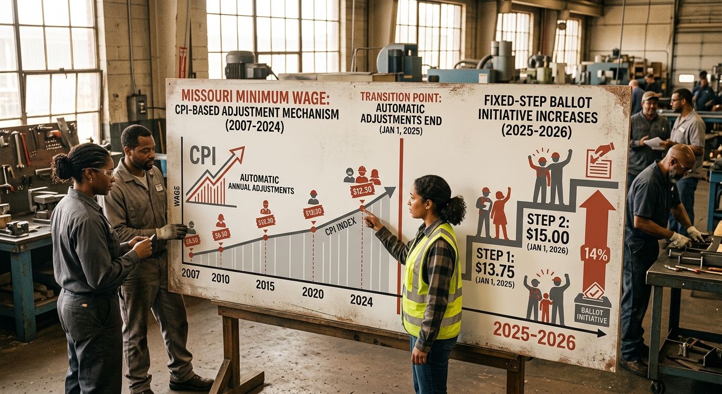 timeline diagram comparing Missouri's CPI-based adjustment mechanism (2007-2024) with the fixed-step ballot initiative increases (2025-2026), showing the transition point where automatic adjustments e