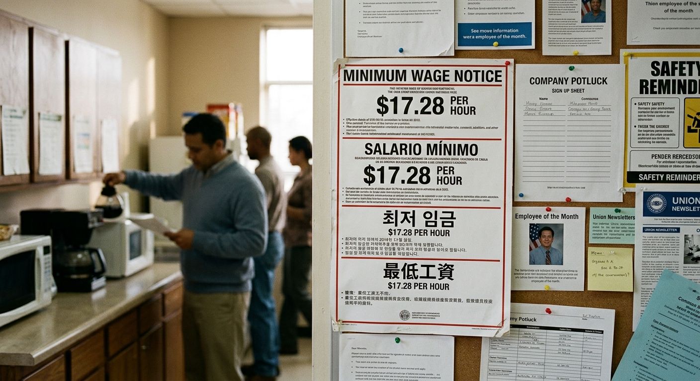 workplace bulletin board scene showing multilingual minimum wage notice postings in English, Spanish, Korean, and Chinese, with a prominent $17.28 per hour rate displayed
