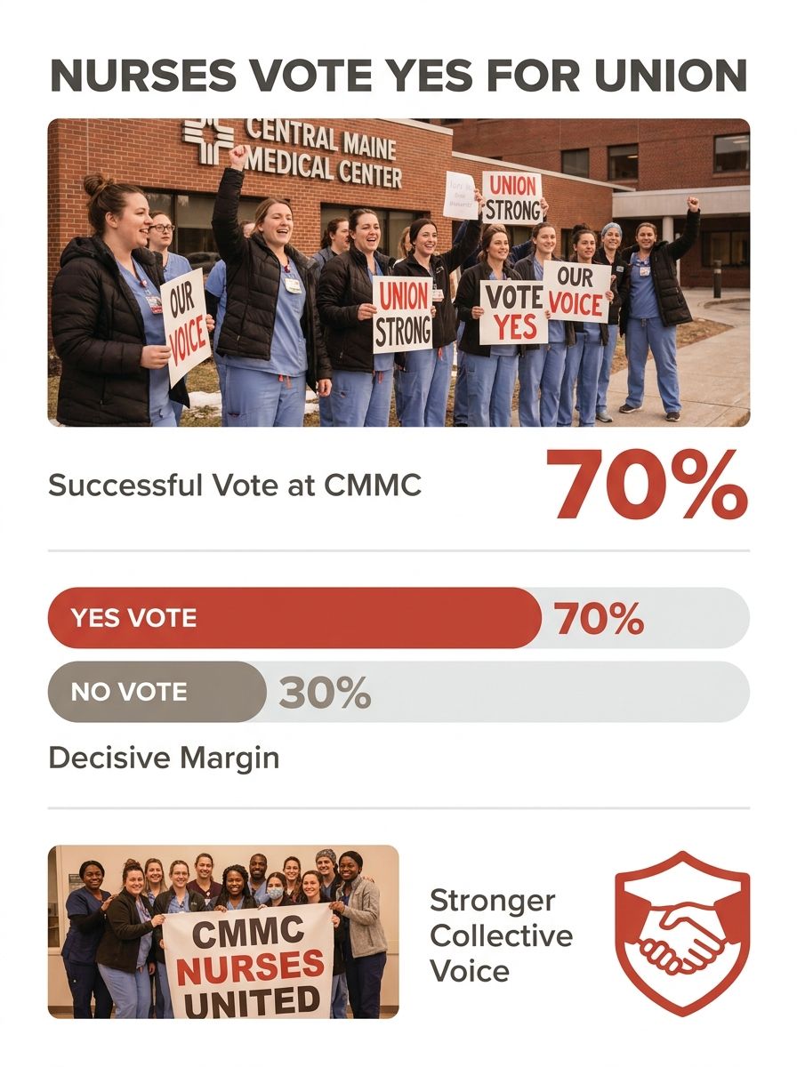 Nurses celebrating outside Central Maine Medical Center holding union signs after successful vote