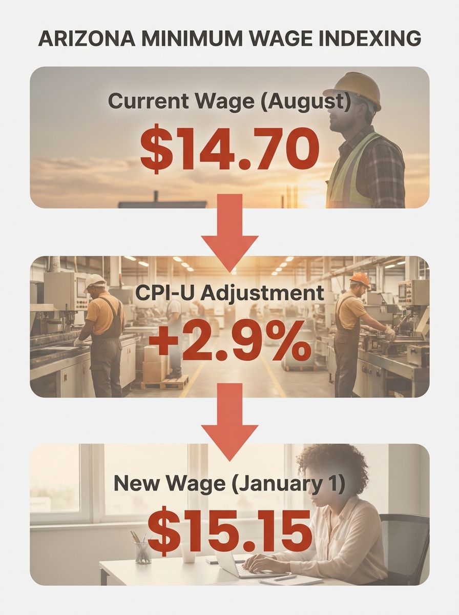 An infographic showing the Arizona minimum wage indexing mechanism as a flowchart: CPI-U August comparison → percentage calculation → applied to current rate → rounded to nearest $0.05 → new rate effe