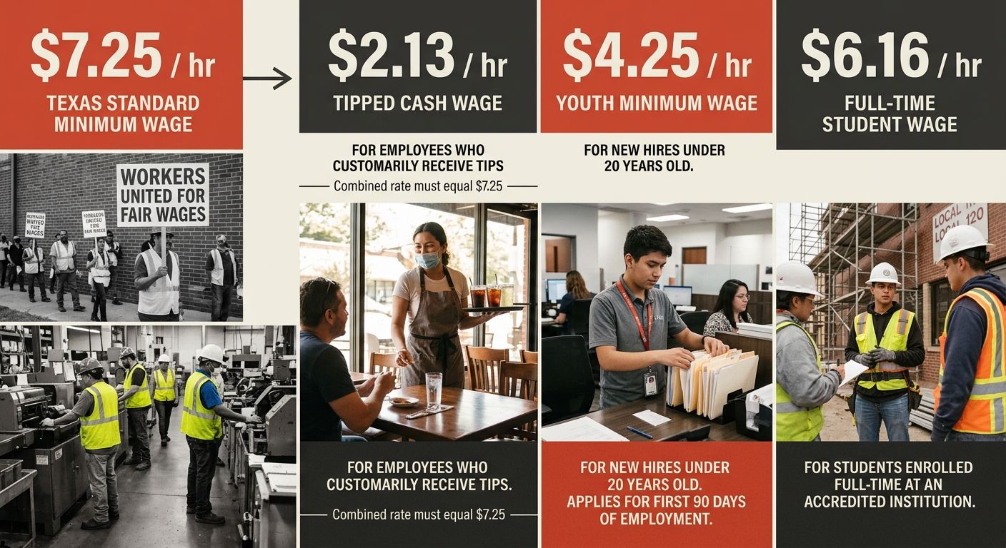 a simple diagram showing the different wage tiers in Texas, standard minimum wage ($7.25), tipped cash wage ($2.13), youth wage ($4.25), and full-time student wage ($6.16), with arrows showing which c