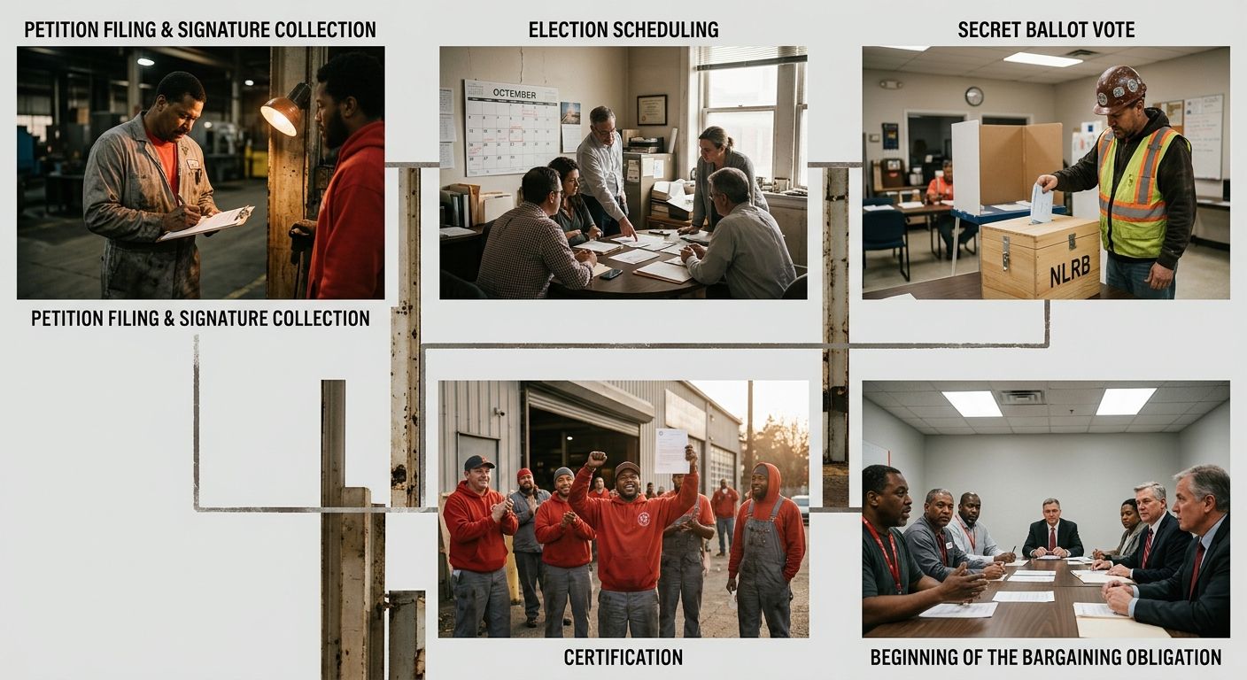 A flowchart showing the NLRB union election process from petition filing through signature collection, election scheduling, secret ballot vote, certification, and the beginning of the bargaining oblig