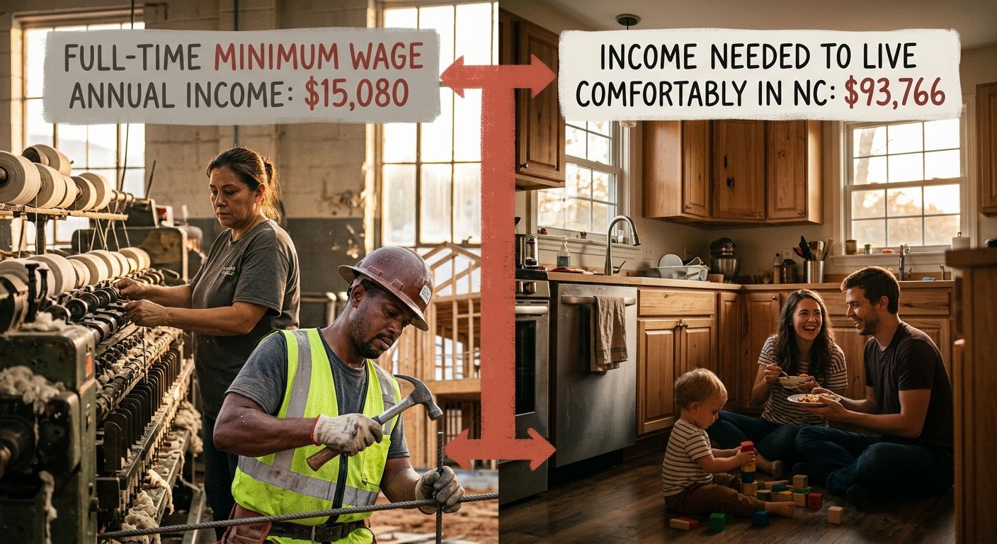 A side-by-side comparison showing $15,080 annual income from full-time minimum wage work versus $93,766 needed to live comfortably in North Carolina, with the gap highlighted